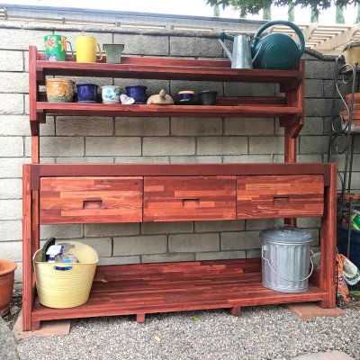 Eli's Redwood Potting Bench (Options: XXL Size, Mosaic Redwood, No Casters, No Fold Down Sides, No Cooper Inset, With Two Shelves, Removable Lids Over Right Drawer, Transparent Premium Sealant). Photo Courtesy of W. Courey of Rancho Cucamonga, California.